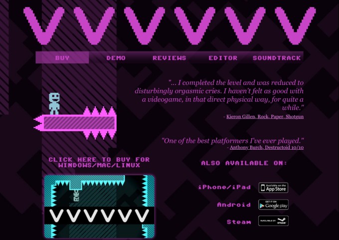 VVVVVV（Terry Cavanagh, 2010）-- 1980sのコモドール64 8bit コンピュータ・ゲームのグラフィック・スタイルとチップ・チューン・ミュージックの融合